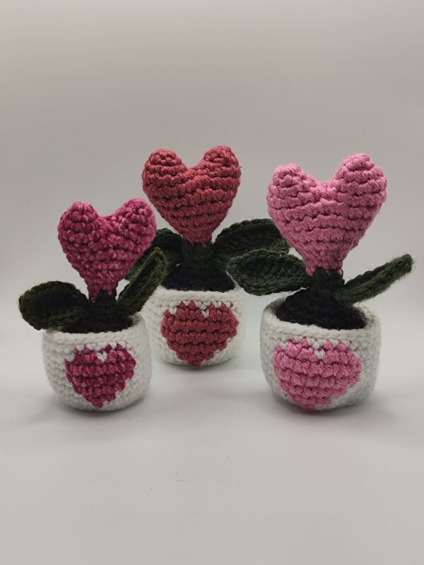 trois peluches plante en forme de cœur au crochet